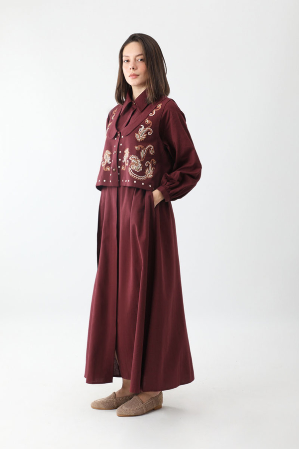 Manas Yelekli Elbise Takım Bordo - 12