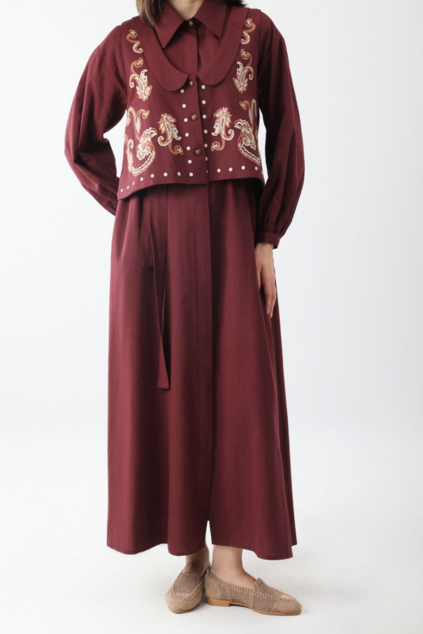 Manas Yelekli Elbise Takım Bordo - 13
