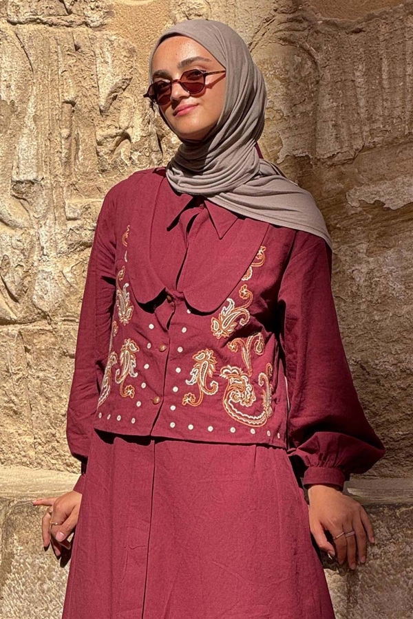 Manas Yelekli Elbise Takım Bordo - 2