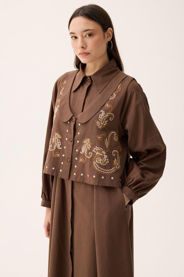 Manas Yelekli Elbise Takım Kahverengi - 8