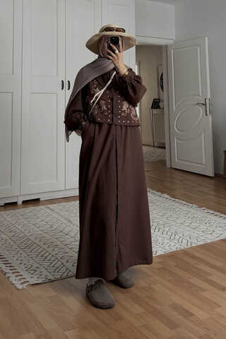 Manas Yelekli Elbise Takım Kahverengi - 1