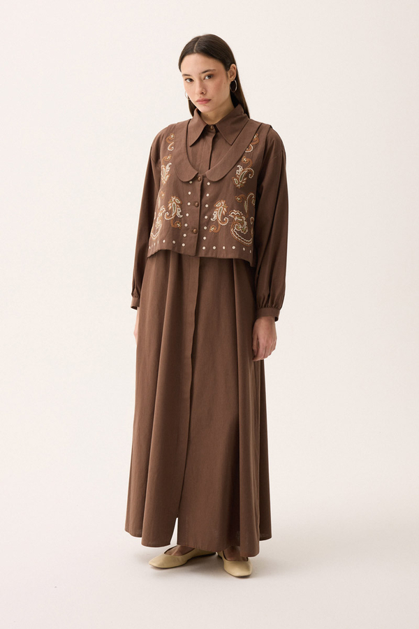 Manas Yelekli Elbise Takım Kahverengi - 7