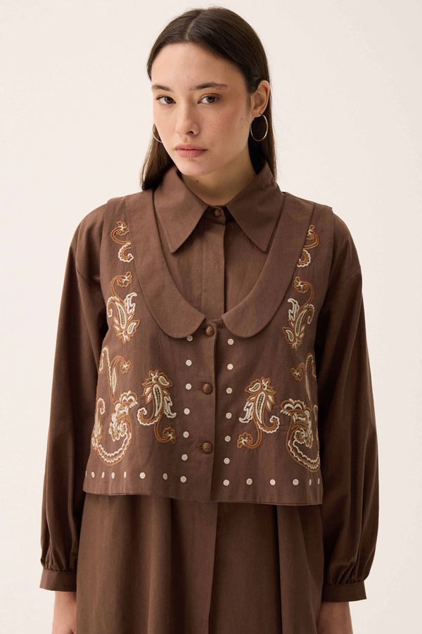 Manas Yelekli Elbise Takım Kahverengi - 5