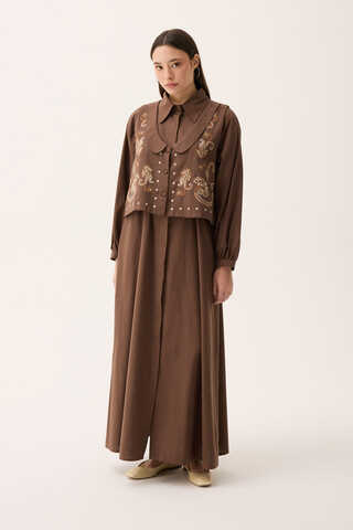 Manas Yelekli Elbise Takım Kahverengi - 7