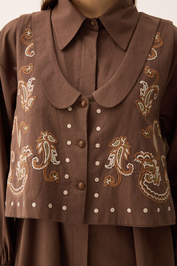 Manas Yelekli Elbise Takım Kahverengi - 10