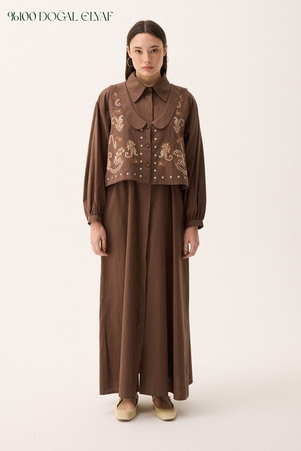 Manas Yelekli Elbise Takım Kahverengi - 3
