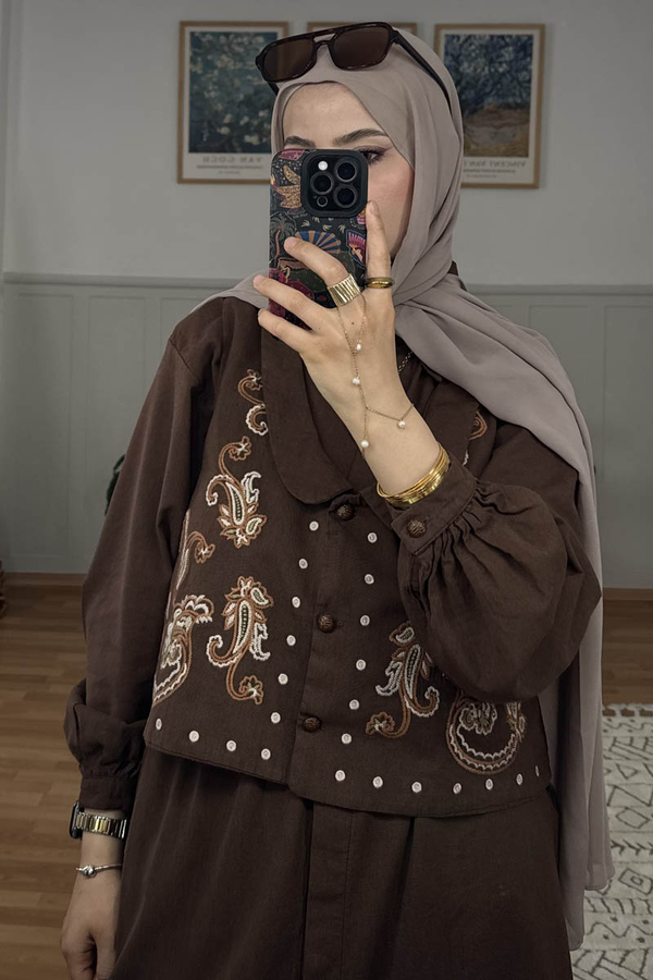 Manas Yelekli Elbise Takım Kahverengi - 2