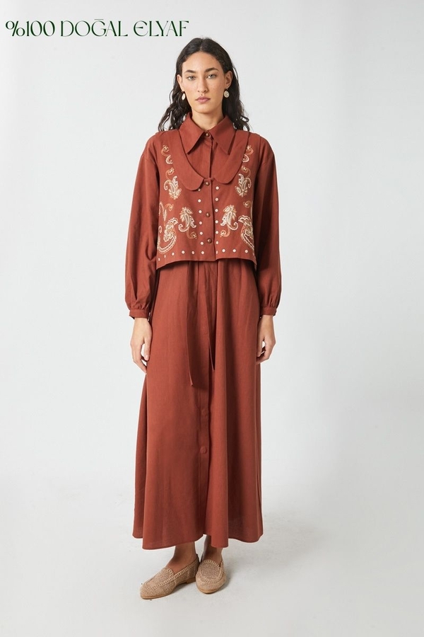 Manas Yelekli Elbise Takım Kiremit - 1