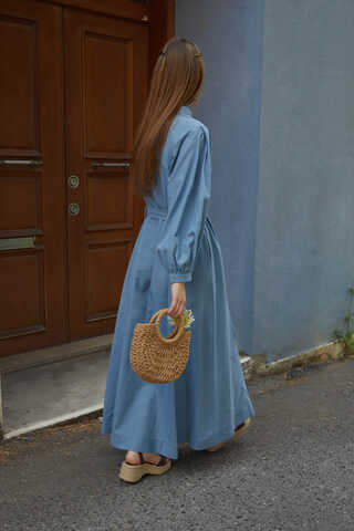 Mandarin Collar Sewn Linen Dress Baby Blue - 9