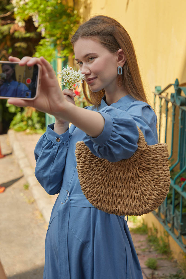 Mandarin Collar Sewn Linen Dress Baby Blue - 2