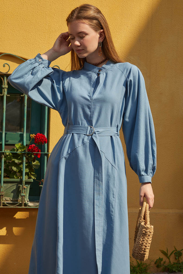 Mandarin Collar Sewn Linen Dress Baby Blue - 6