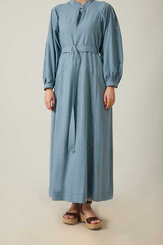 Mandarin Collar Sewn Linen Dress Baby Blue - 10