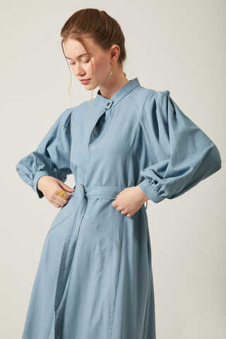 Mandarin Collar Sewn Linen Dress Baby Blue - 14