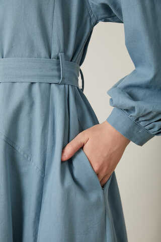 Mandarin Collar Sewn Linen Dress Baby Blue - 15