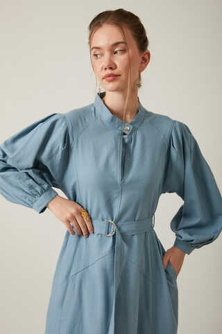Mandarin Collar Sewn Linen Dress Baby Blue - 11