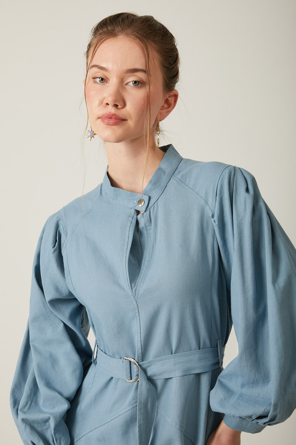 Mandarin Collar Sewn Linen Dress Baby Blue - 16