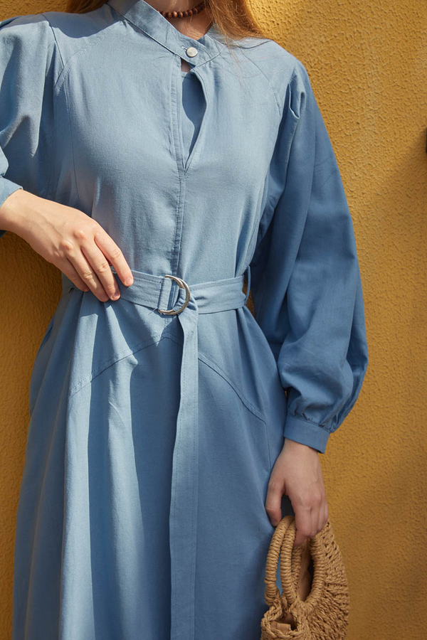 Mandarin Collar Sewn Linen Dress Baby Blue - 3