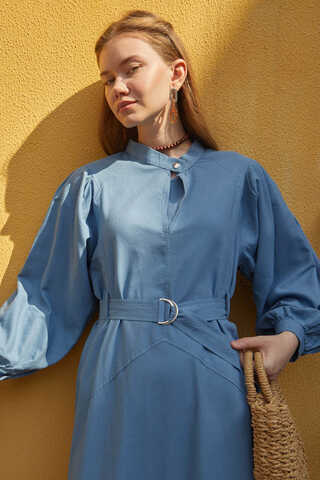 Mandarin Collar Sewn Linen Dress Baby Blue - 5