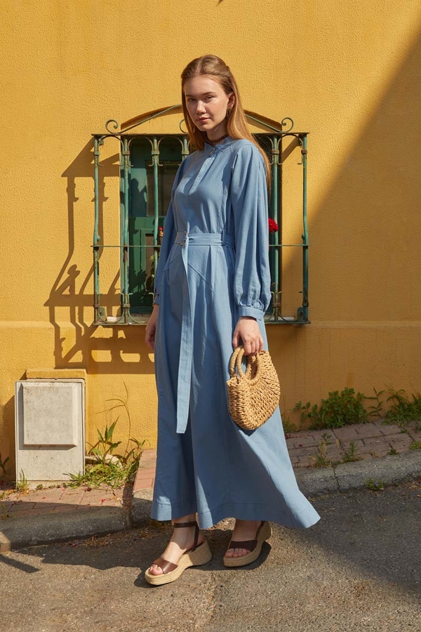 Mandarin Collar Sewn Linen Dress Baby Blue - 4
