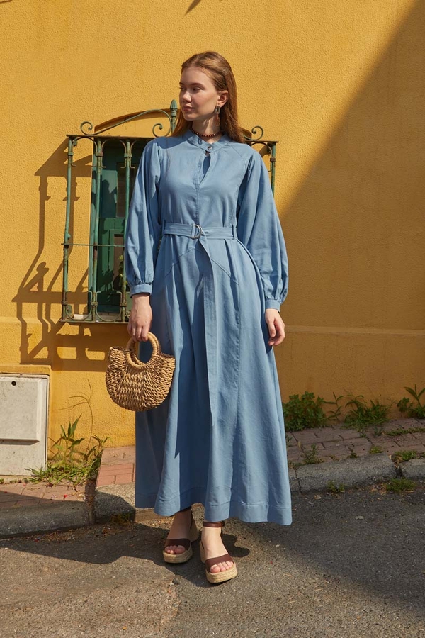 Mandarin Collar Sewn Linen Dress Baby Blue 