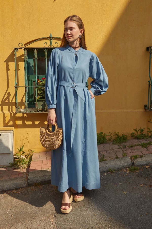 Mandarin Collar Sewn Linen Dress Baby Blue - 8
