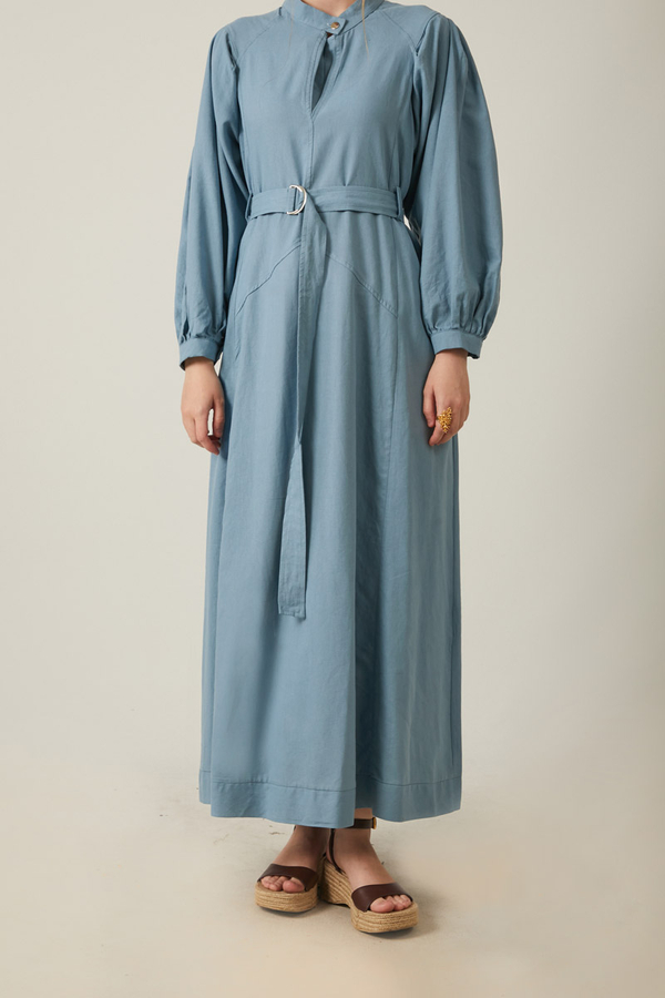 Mandarin Collar Sewn Linen Dress Baby Blue - 10