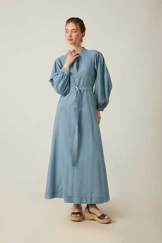 Mandarin Collar Sewn Linen Dress Baby Blue - 12