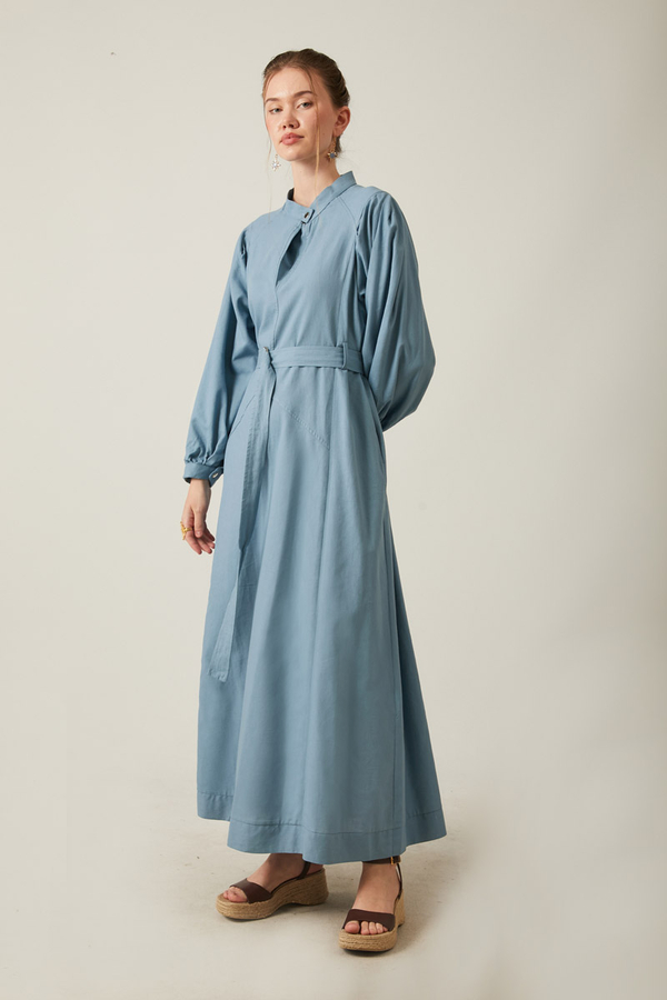 Mandarin Collar Sewn Linen Dress Baby Blue - 13