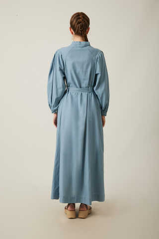 Mandarin Collar Sewn Linen Dress Baby Blue - 17