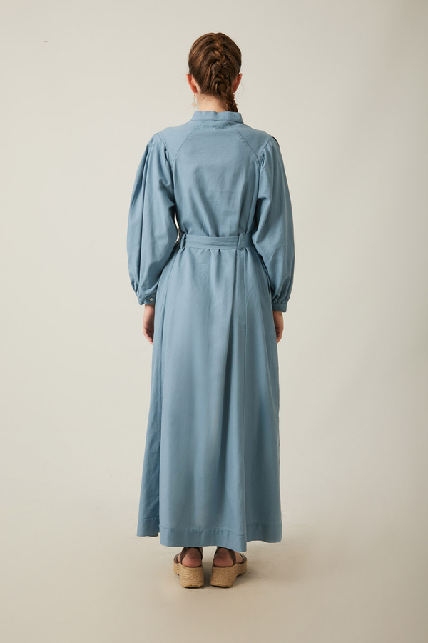 Mandarin Collar Sewn Linen Dress Baby Blue - 17