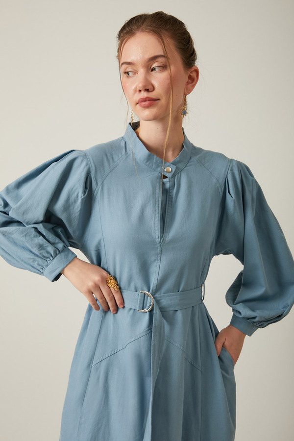 Mandarin Collar Sewn Linen Dress Baby Blue - 11