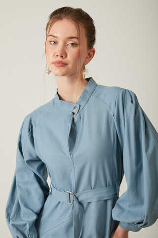 Mandarin Collar Sewn Linen Dress Baby Blue - 16