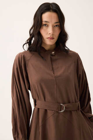 Mandarin Collar Sewn Linen Dress Brown - 6