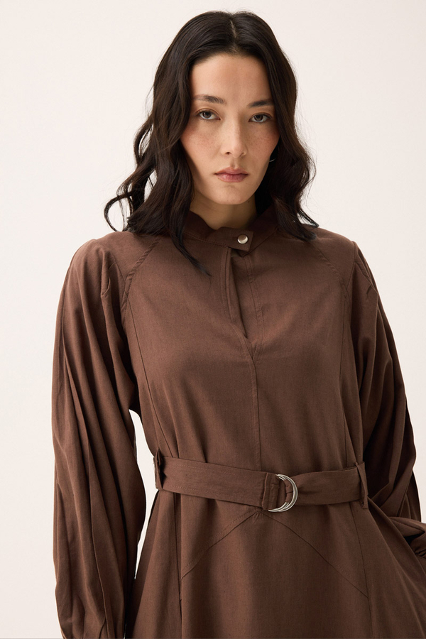 Mandarin Collar Sewn Linen Dress Brown - 6
