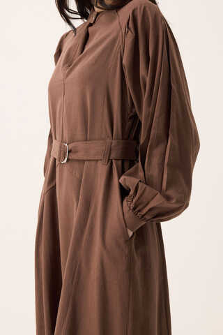 Mandarin Collar Sewn Linen Dress Brown - 4