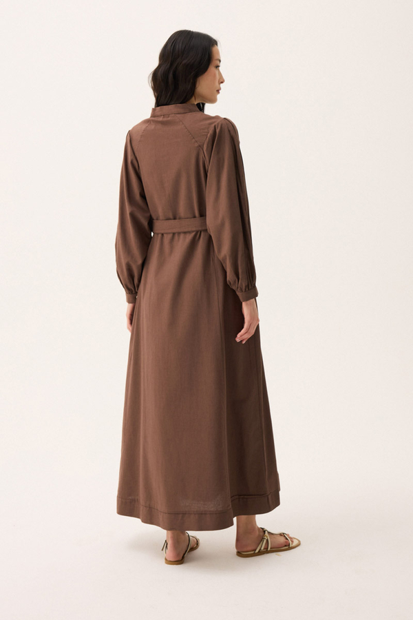 Mandarin Collar Sewn Linen Dress Brown - 12