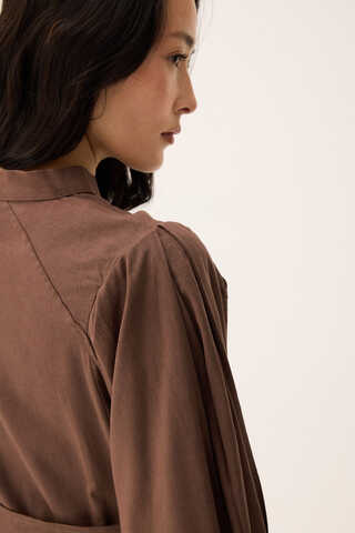 Mandarin Collar Sewn Linen Dress Brown - 8