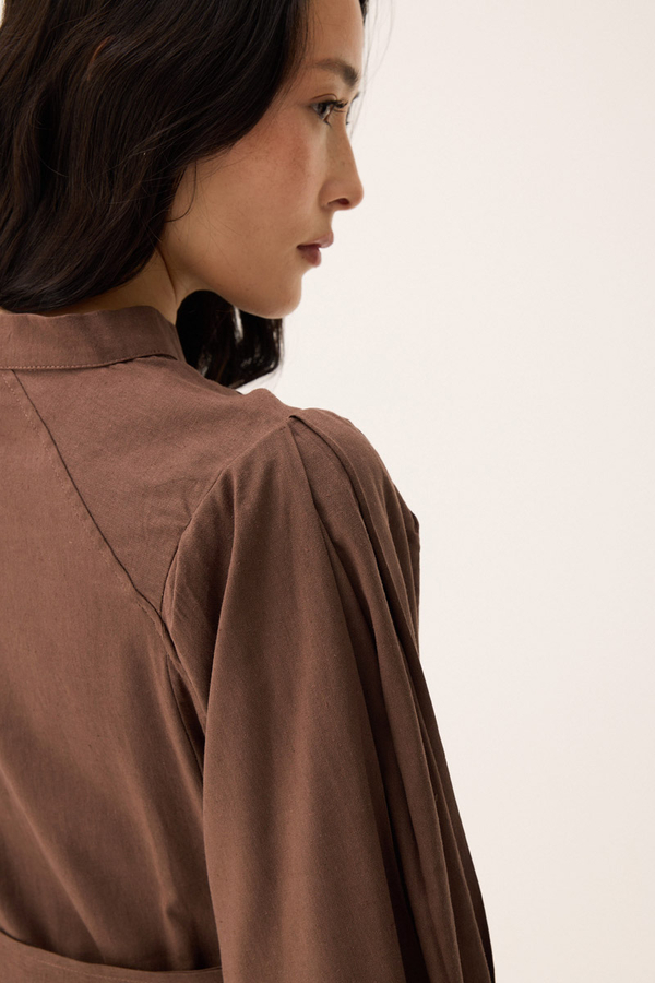 Mandarin Collar Sewn Linen Dress Brown - 8