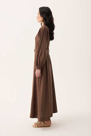Mandarin Collar Sewn Linen Dress Brown - 5