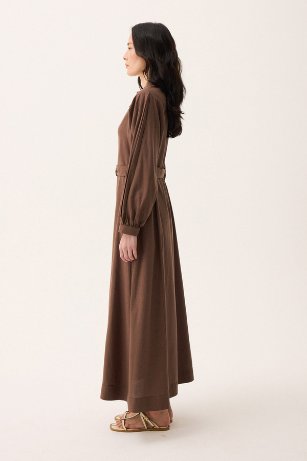 Mandarin Collar Sewn Linen Dress Brown - 5