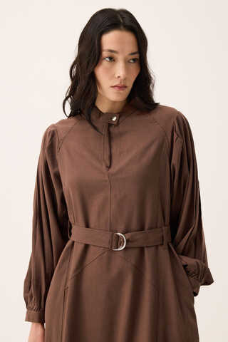 Mandarin Collar Sewn Linen Dress Brown - 3