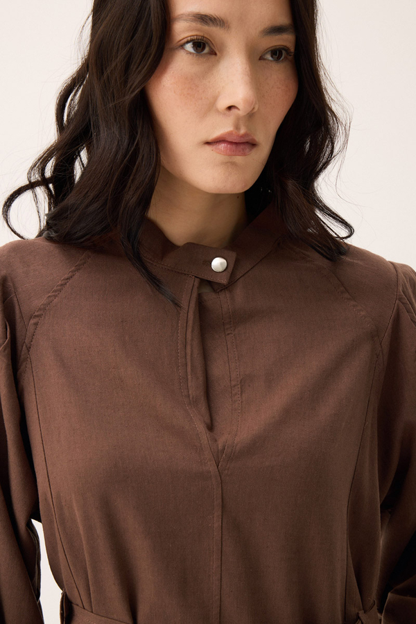 Mandarin Collar Sewn Linen Dress Brown - 7