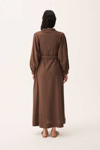Mandarin Collar Sewn Linen Dress Brown - 11