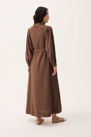 Mandarin Collar Sewn Linen Dress Brown - 12