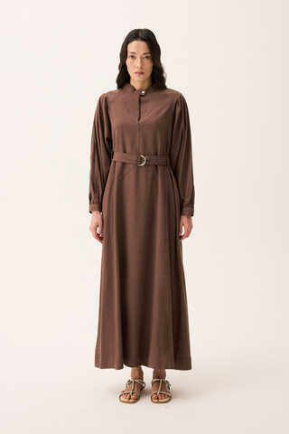 Mandarin Collar Sewn Linen Dress Brown - 2