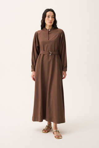 Mandarin Collar Sewn Linen Dress Brown - 9