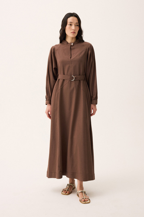 Mandarin Collar Sewn Linen Dress Brown - 9