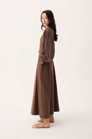 Mandarin Collar Sewn Linen Dress Brown - 10