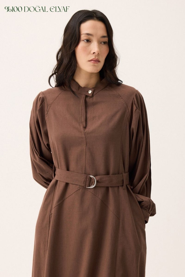 Mandarin Collar Sewn Linen Dress Brown - 1