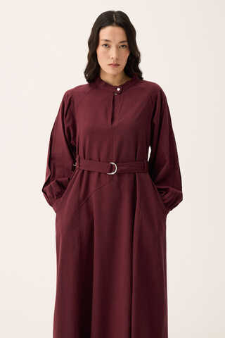 Mandarin Collar Sewn Linen Dress Burgundy - 2
